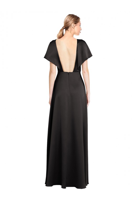 Cap Sleeves V-Neck Stretch Satin Black Long Bridesmaid Dress / Evening Dress Bath