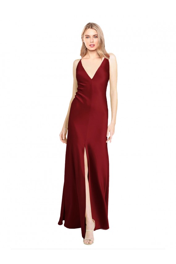 Sleeveless V-Neck Stretch Satin Burgundy Long Black Tie Evening Gown / Prom Dress / Bridesmaid Dress Bath