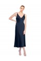 Sleeveless V-Neck Stretch Satin Dark Navy Midi Length Formal Evening Gown / Prom Dress / Bridesmaid Dress Bath