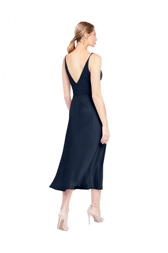 Sleeveless V-Neck Stretch Satin Dark Navy Midi Length Formal Evening Gown / Prom Dress / Bridesmaid Dress Bath