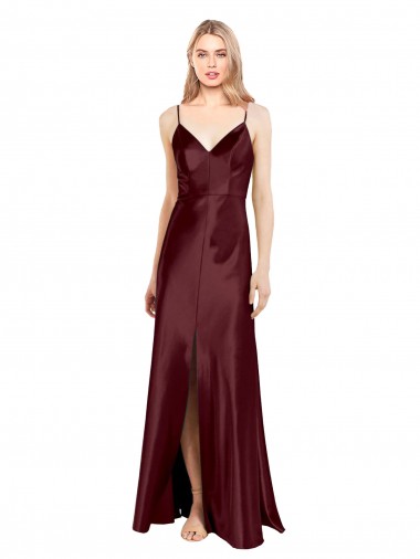 Sleeveless V-Neck Stretch Satin Burgundy Gold Long Bridesmaid Dress / Evening Dress Bath