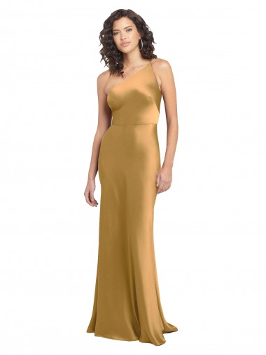 Sleeveless One Shoulder Stretch Satin Gold Long Formal Evening Gown / Prom Dress / Bridesmaid Dress Bath