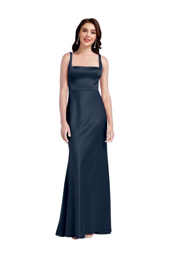 Sleeveless Square Neck Stretch Satin Dark Navy Long Formal Evening Gown / Prom Dress / Bridesmaid Dress Bath