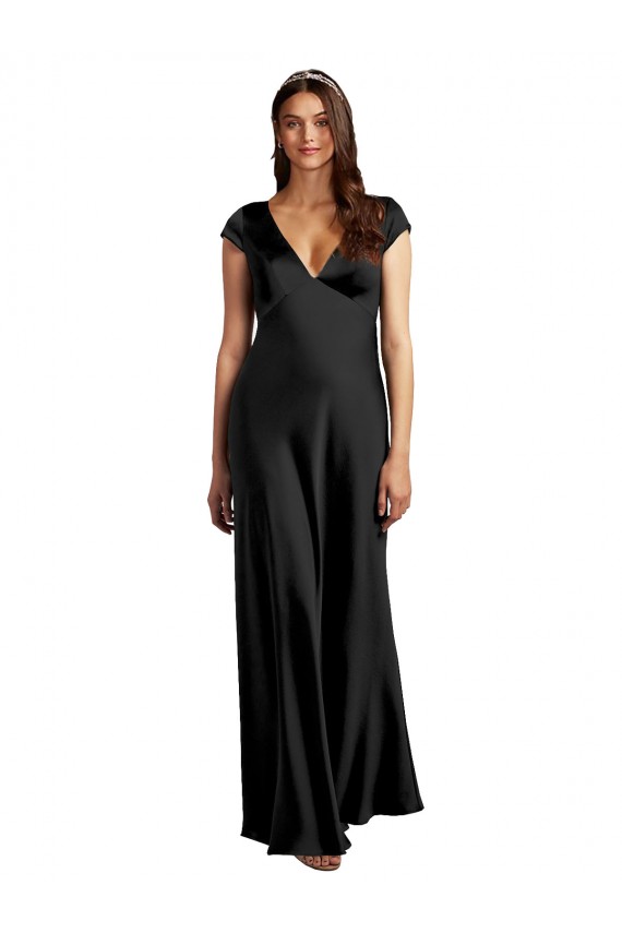 Cap Sleeves V-Neck Stretch Satin Black Long Formal Evening Gown / Prom Dress / Bridesmaid Dress Bath