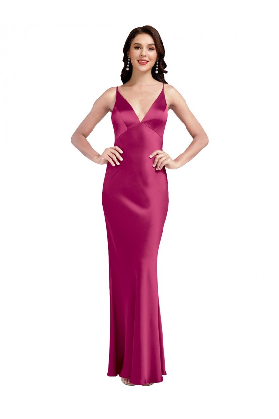 Sleeveless V-Neck Stretch Satin Fuchsia Long Formal Evening Gown / Prom Dress / Bridesmaid Dress Bath