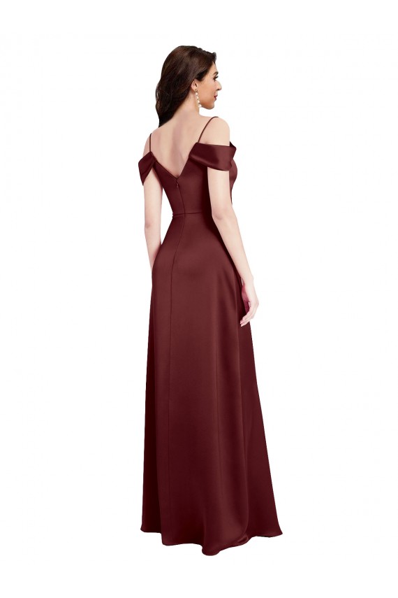 Sleeveless V-Neck Stretch Satin Burgundy Gold Long Formal Dress / Bridesmaid Dress Bath