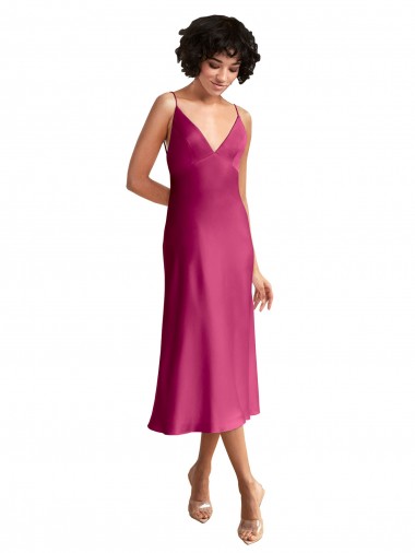 Sleeveless V-Neck Stretch Satin Fuchsia Midi Length Formal Evening Gown / Prom Dress / Bridesmaid Dress Bath