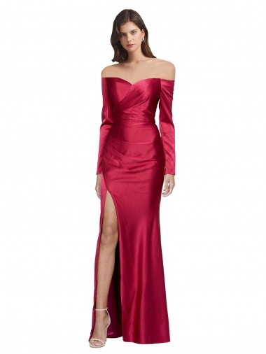 Long Sleeves Sweetheart Stretch Satin Dark Red Long Formal Evening Gown / Prom Dress / Bridesmaid Dress Bath