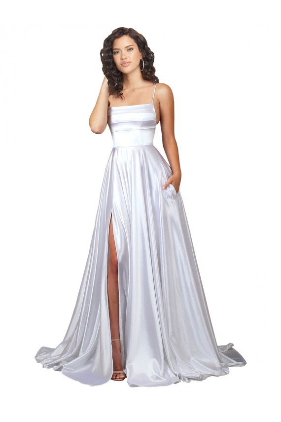 Sleeveless Spaghetti Straps Stretch Satin White Long Beach Wedding Dress Bath
