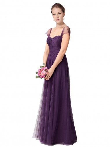 Cap Sleeves Sweetheart Tulle Plum Purple Long Bridesmaid Dress Bath