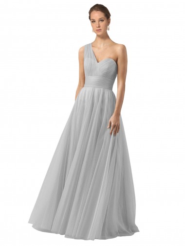 Sleeveless One Shoulder Tulle Silver Long Bridesmaid Gown Bath