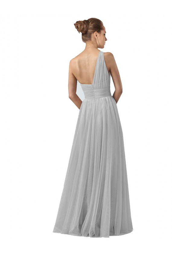 Sleeveless One Shoulder Tulle Silver Long Bridesmaid Gown Bath