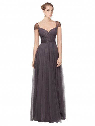 Cap Sleeves Sweetheart Tulle Pewter Long Bridesmaid Dress Bath