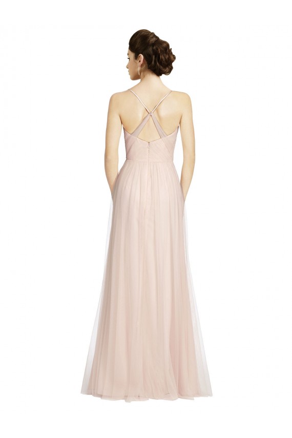 Sleeveless Spaghetti Straps Tulle Pink Long Bridesmaid Dress Bath