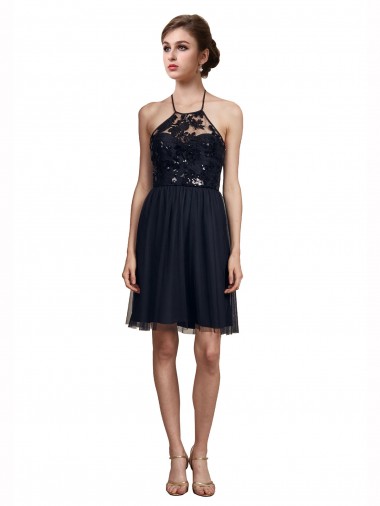 Sleeveless Halter Neck Tulle Black Knee Length Bridesmaid Gown Bath