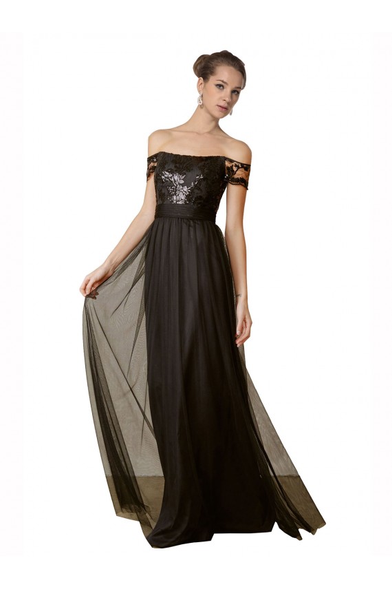 Sleeveless Off the Shoulder Tulle & Sequin Black Long Bridesmaid Dress Bath
