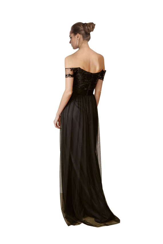 Sleeveless Off the Shoulder Tulle & Sequin Black Long Bridesmaid Dress Bath