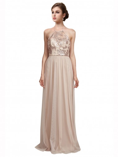 Sleeveless Halter Neck Tulle Nude Long Bridesmaid Dress Bath
