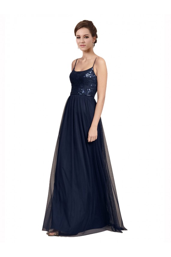 Sleeveless Spaghetti Straps Tulle & Lace Dark Navy Long Bridesmaid Dress Bath