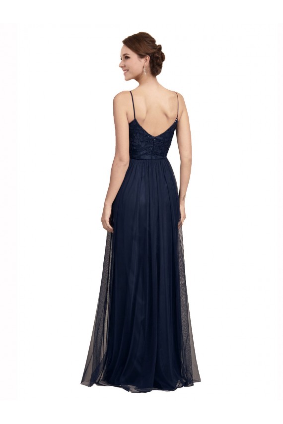 Sleeveless Spaghetti Straps Tulle & Lace Dark Navy Long Bridesmaid Dress Bath