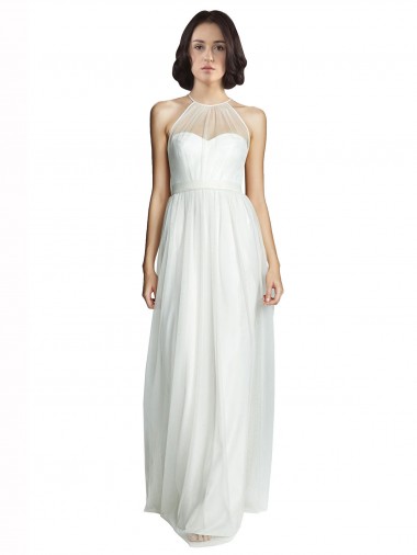 Sleeveless High Neck Tulle White Long Bridesmaid Dress Bath