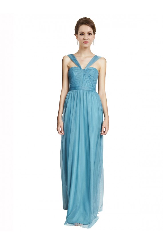 Sleeveless V-Neck Tulle Sky Blue Long Bridesmaid Dress Bath