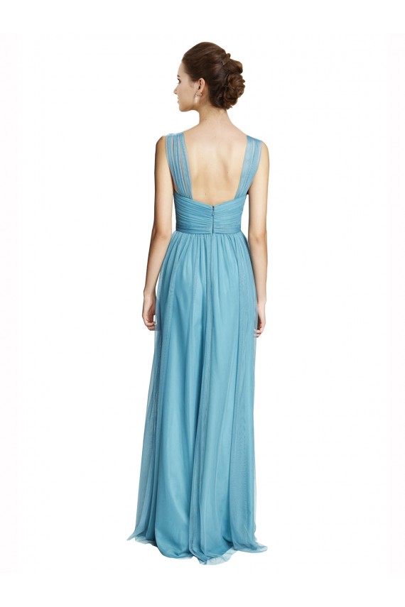 Sleeveless V-Neck Tulle Sky Blue Long Bridesmaid Dress Bath