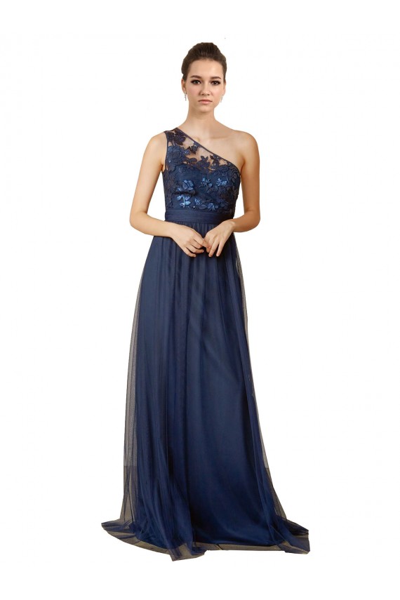 Sleeveless One Shoulder Tulle Dark Navy Sweep Train Bridesmaid Dress Bath