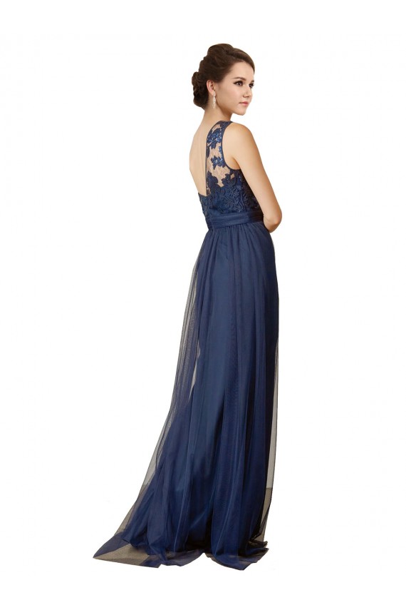 Sleeveless One Shoulder Tulle Dark Navy Sweep Train Bridesmaid Dress Bath