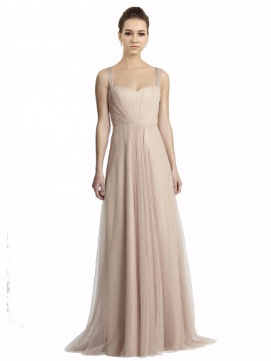 Sleeveless Square Neck Tulle Nude Long Bridesmaid Evening Dress Bath