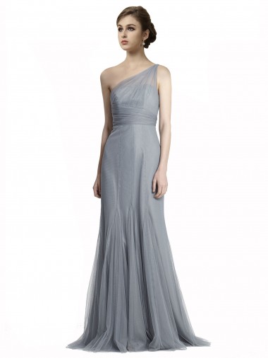 Sleeveless One Shoulder Tulle Slate Grey Long Bridesmaid Dress Bath