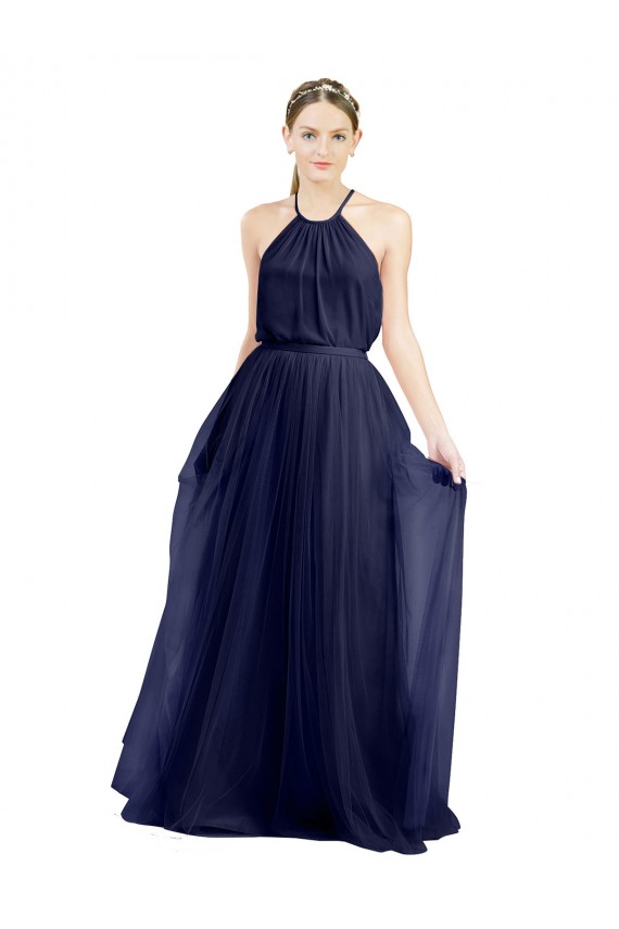 Sleeveless High Neck Tulle Navy Blue Long Semi Formal Evening Dress / Bridesmaid Dress Bath