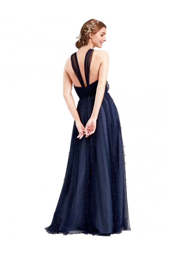 Sleeveless Halter Neck Tulle Navy Blue Long Bridesmaid Dress / Evening Dress Bath