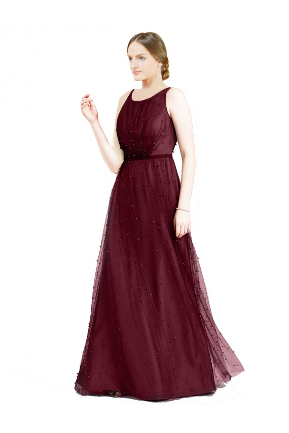Sleeveless Boat Neck Tulle Burgundy Long Semi Formal Evening Dress / Bridesmaid Dress Bath