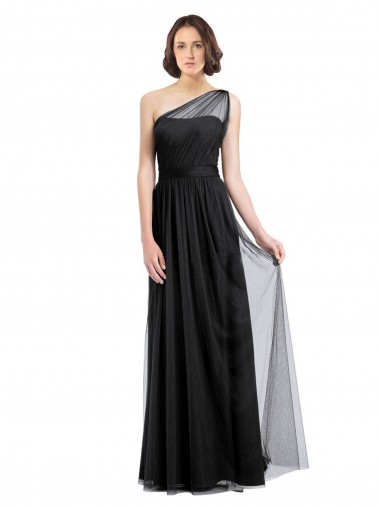 Sleeveless One Shoulder Tulle Black Long Bridesmaid Dress Bath