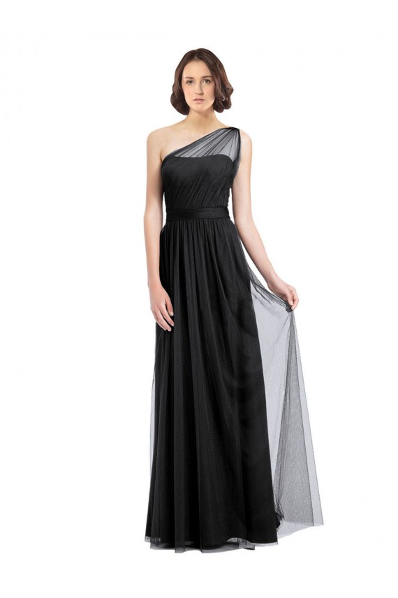 Sleeveless One Shoulder Tulle Black Long Bridesmaid Dress Bath