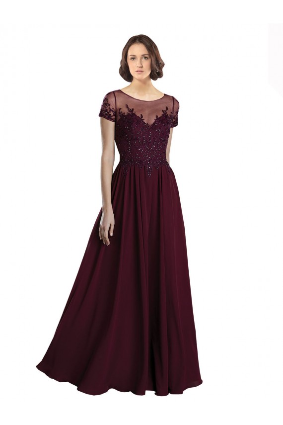 Cap Sleeves Jewel Neck Tulle & Soft Chiffon Burgundy Gold Long Bridesmaid Dress Bath