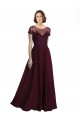 Cap Sleeves Jewel Neck Tulle & Soft Chiffon Burgundy Gold Long Bridesmaid Dress Bath