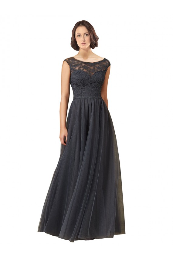 Cap Sleeves Bateau Neck Tulle & Lace Slate Grey Long Bridesmaid Dress Bath