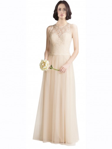 Sleeveless Illusion Neck Tulle & Lace Ivory Long Bridesmaid Dress Bath