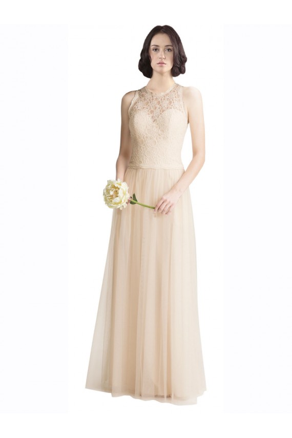 Sleeveless Illusion Neck Tulle & Lace Ivory Long Bridesmaid Dress Bath