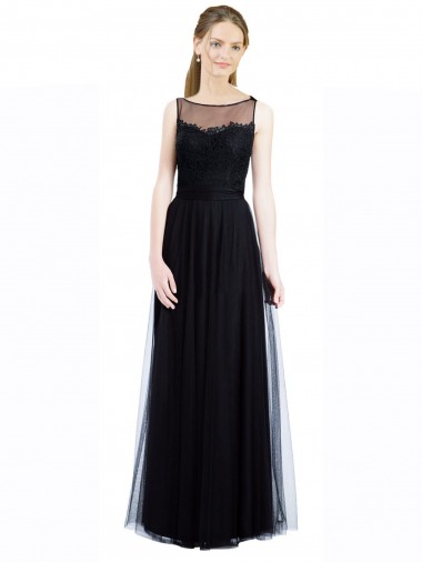 Sleeveless Illusion Neck Tulle & Lace Black Long Bridesmaid Dress Bath