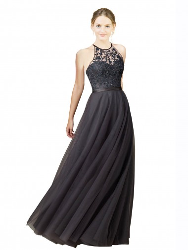 Sleeveless Sweetheart Tulle & Lace Slate Grey Long Bridesmaid Dress Bath