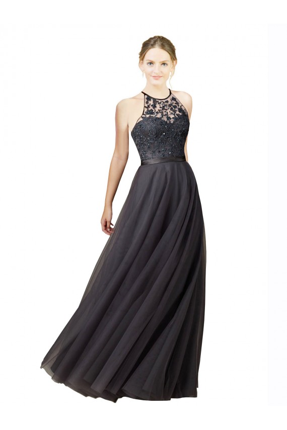 Sleeveless Sweetheart Tulle & Lace Slate Grey Long Bridesmaid Dress Bath