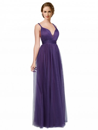 Sleeveless Bateau Neck Tulle Purple Long Bridesmaid Dress Bath