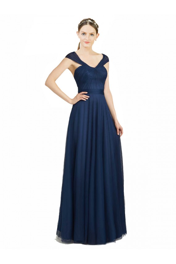 Sleeveless Sweetheart Tulle Dark Navy Long Bridesmaid Dress Bath