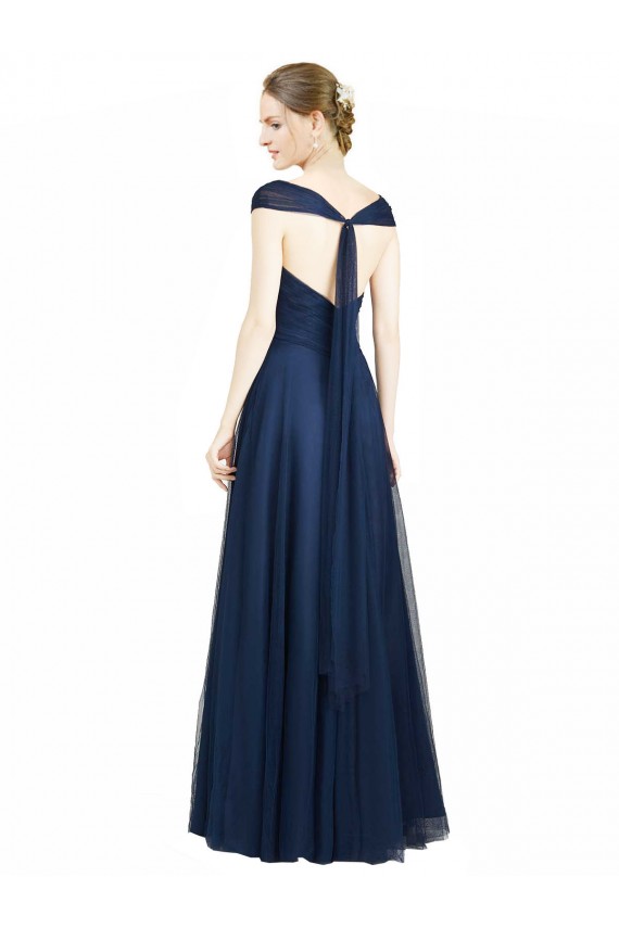 Sleeveless Sweetheart Tulle Dark Navy Long Bridesmaid Dress Bath