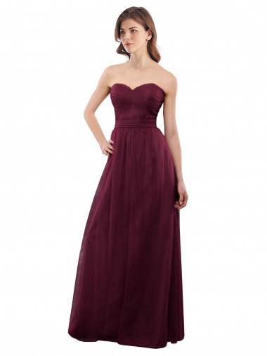 Sleeveless Strapless Tulle Burgundy Long Bridesmaid Dress Bath