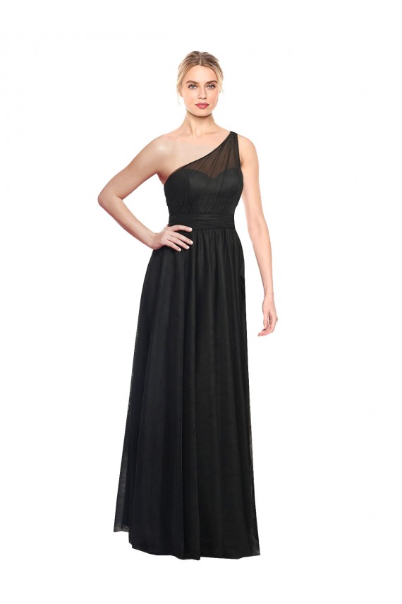 Sleeveless One Shoulder Tulle Black Long Bridesmaid Dress / Evening Dress Bath