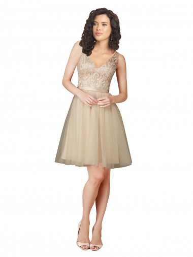 Sleeveless V-Neck Tulle & Lace Champagne Knee Length Bridesmaid Dress Bath